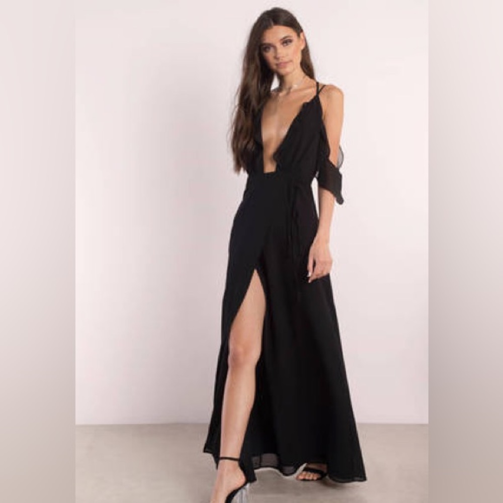 Tobi Floor Length Wrap Black Plunge Dress with Cold Shoulder